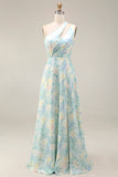 Light Green A Line Cut Out Long Floral Wedding Guest Dress with Slit