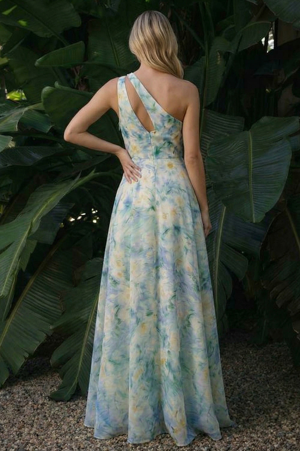 Light Green A Line Cut Out Long Floral Wedding Guest Dress with Slit
