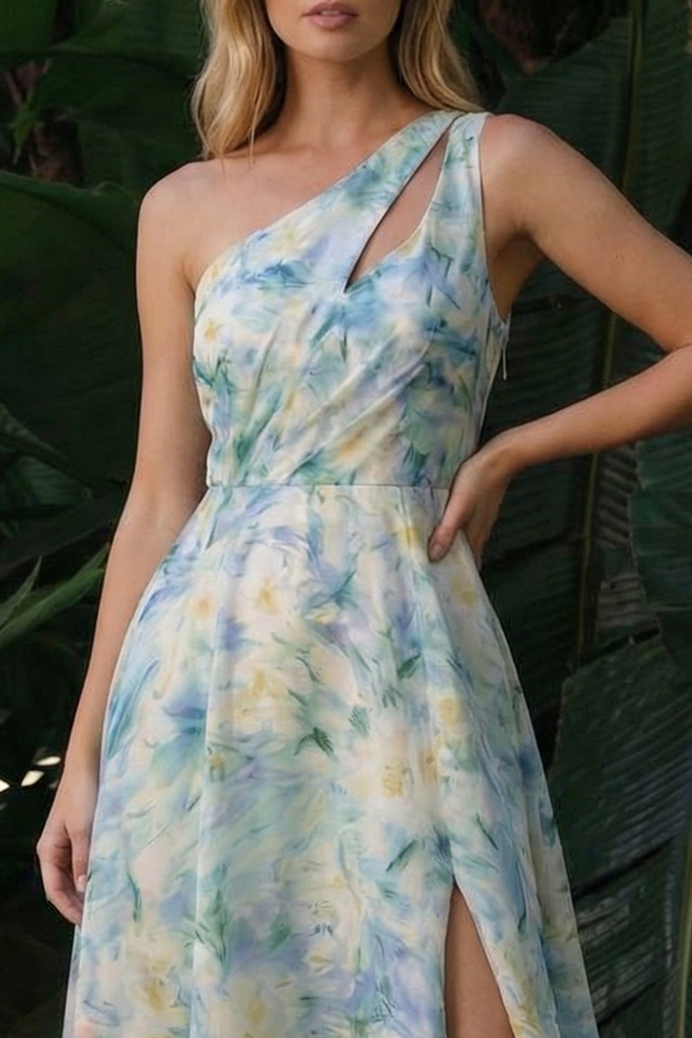 Light Green A Line Cut Out Long Floral Wedding Guest Dress with Slit