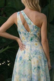 Light Green A Line Cut Out Long Floral Wedding Guest Dress with Slit