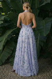Light Purple Backless A Line Long Floral Halter Wedding Guest Dress