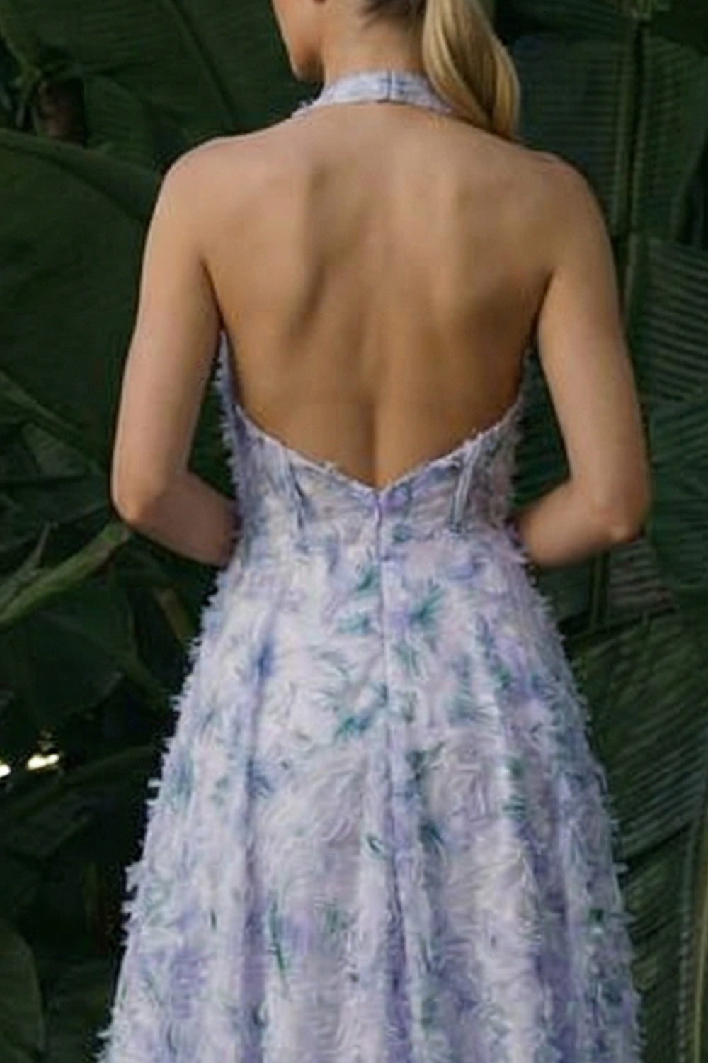 Light Purple Backless A Line Long Floral Halter Wedding Guest Dress