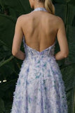 Light Purple Backless A Line Long Floral Halter Wedding Guest Dress