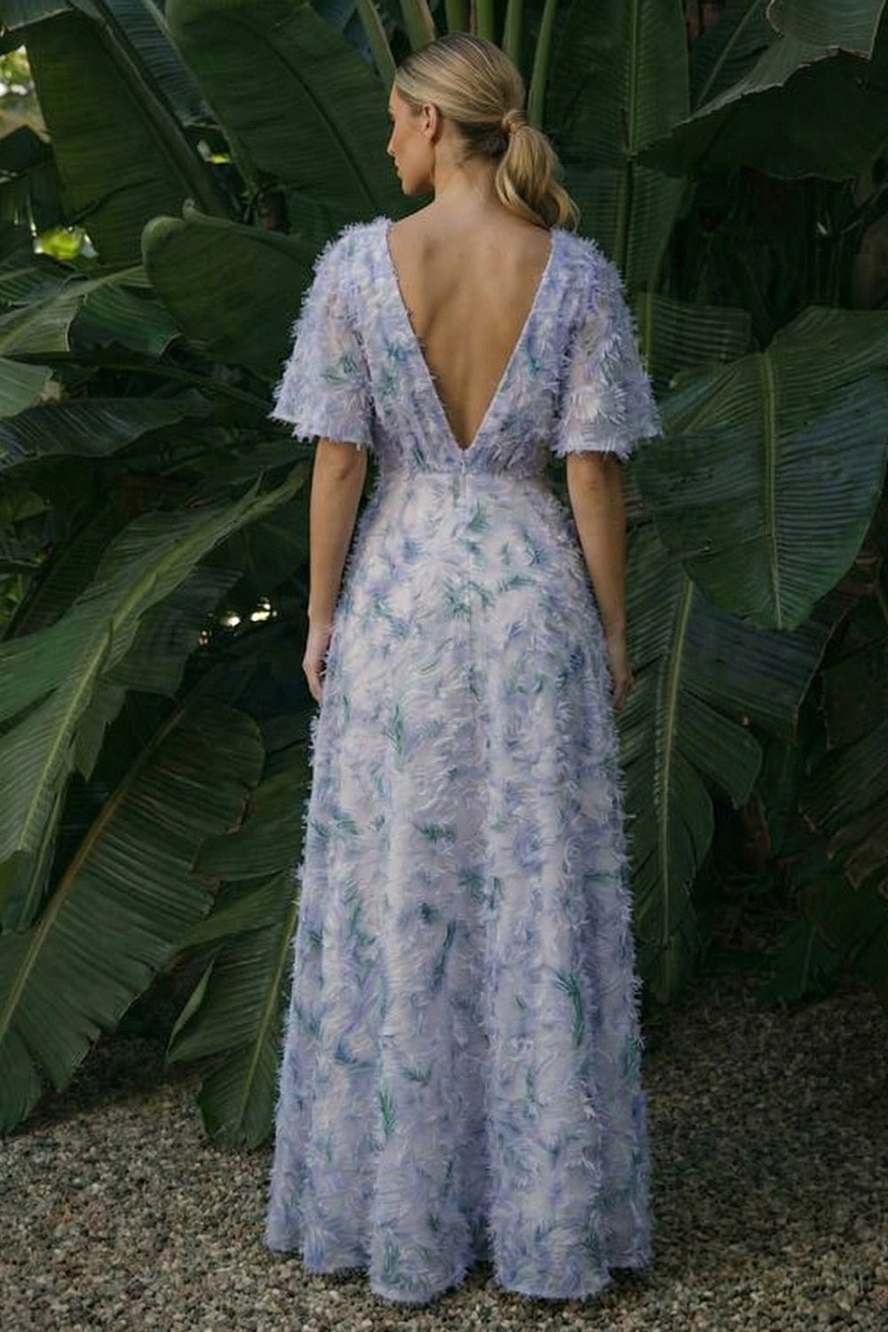 Light Purple Backless Long Floral A Line Wedding Guest Dress