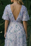 Light Purple Backless Long Floral A Line Wedding Guest Dress