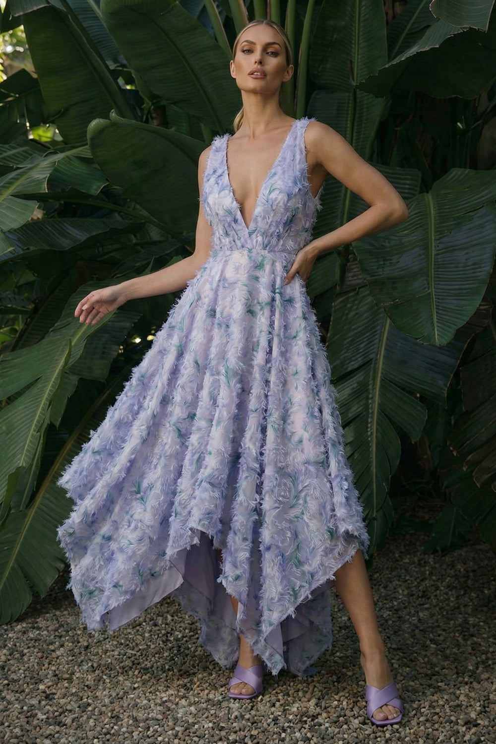 Light Purple Floral Asymmetrical A Line Backless Wedding Guest Dress
