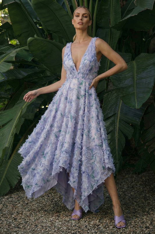 Light Purple Floral Asymmetrical A Line Backless Wedding Guest Dress