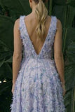 Light Purple Floral Asymmetrical A Line Backless Wedding Guest Dress