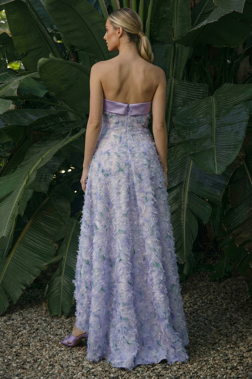 Light Purple Strapless Floral Asymmetrical A Line Wedding Guest Dress