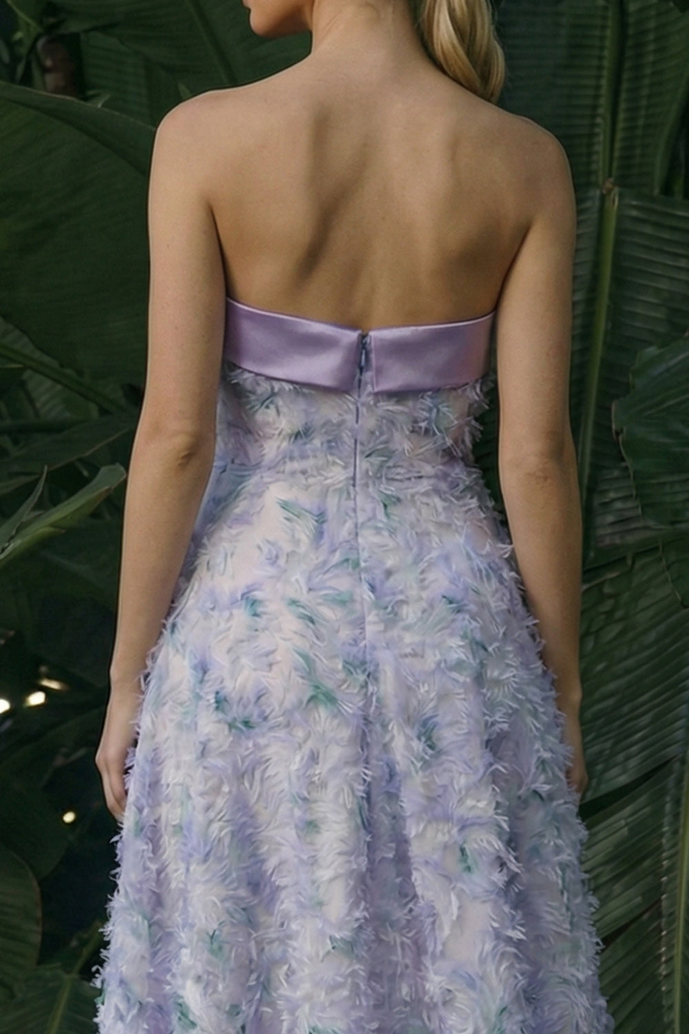 Light Purple Strapless Floral Asymmetrical A Line Wedding Guest Dress