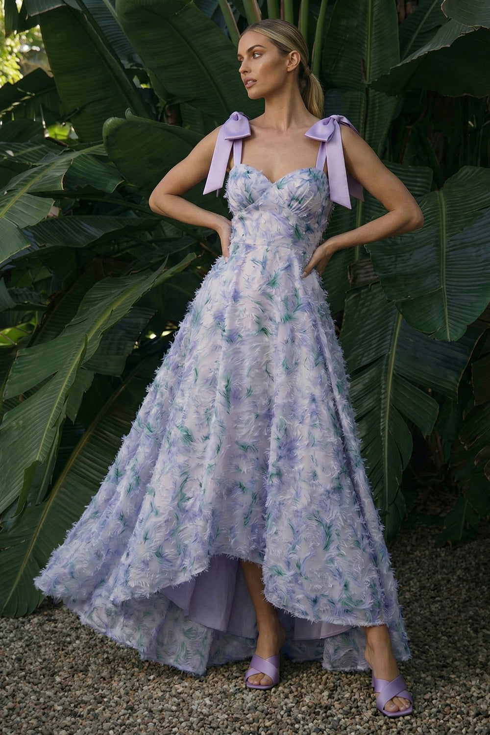 Light Purple Long Floral A Line Wedding Guest Dress with Bows