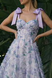 Light Purple Long Floral A Line Wedding Guest Dress with Bows