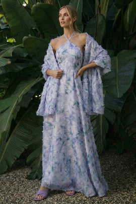 Light Purple Long Floral A Line Halter Backless Wedding Guest Dress