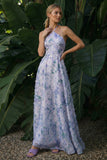 Light Purple Long Floral A Line Halter Backless Wedding Guest Dress