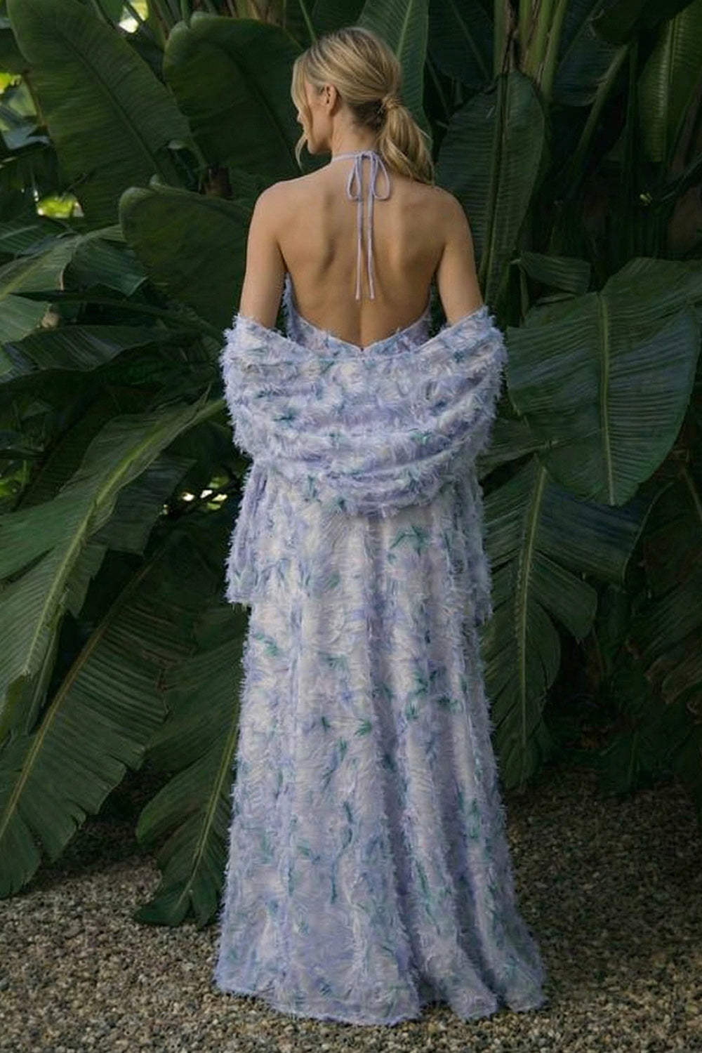 Light Purple Long Floral A Line Halter Backless Wedding Guest Dress