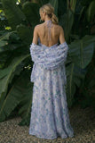 Light Purple Long Floral A Line Halter Backless Wedding Guest Dress