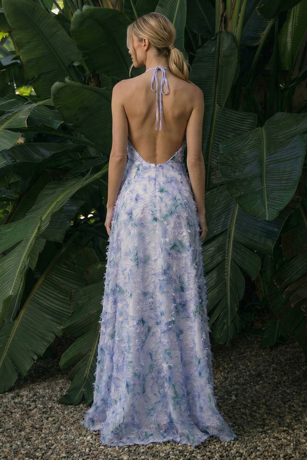 Light Purple Long Floral A Line Halter Backless Wedding Guest Dress