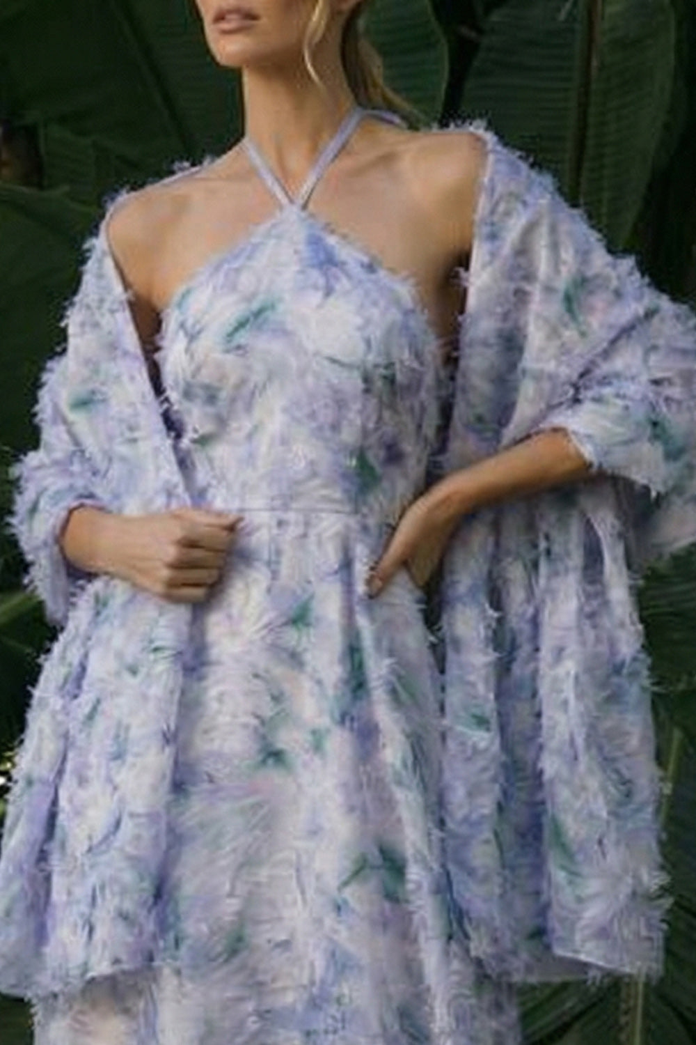 Light Purple Long Floral A Line Halter Backless Wedding Guest Dress