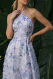 Light Purple Long Floral A Line Halter Backless Wedding Guest Dress