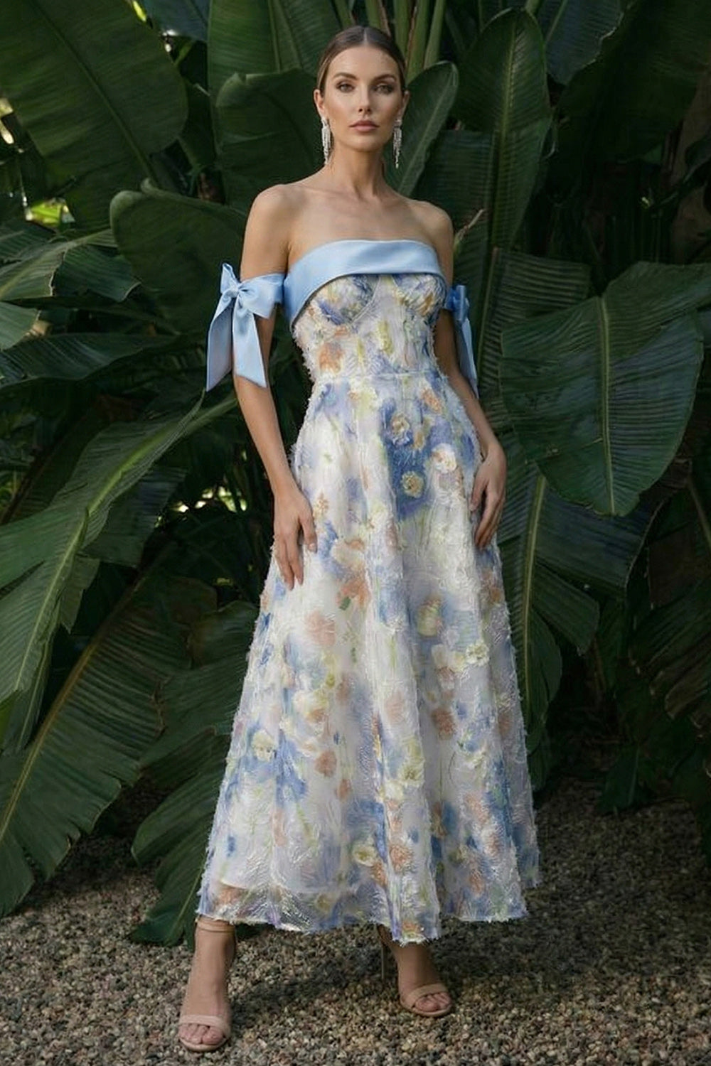 Light Blue Maxi Floral A Line Wedding Guest Dress with Bows