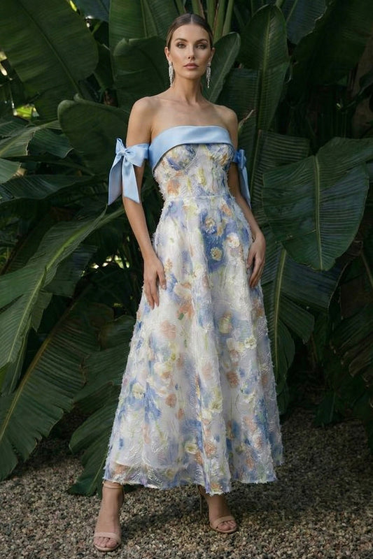 Light Blue Maxi Floral A Line Wedding Guest Dress with Bows