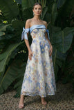 Light Blue Maxi Floral A Line Wedding Guest Dress with Bows