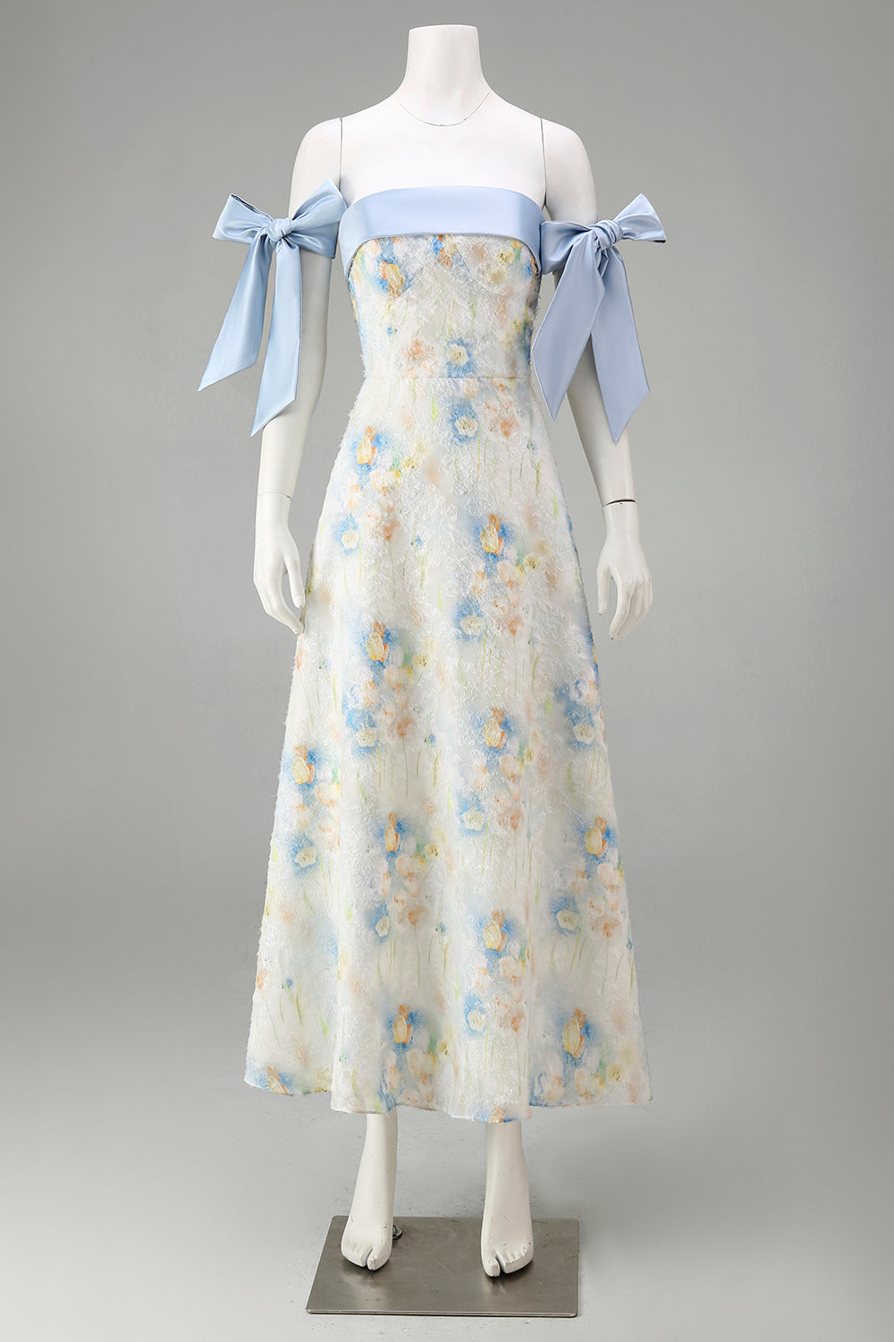 Light Blue Maxi Floral A Line Wedding Guest Dress with Bows