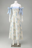 Light Blue Maxi Floral A Line Wedding Guest Dress with Bows