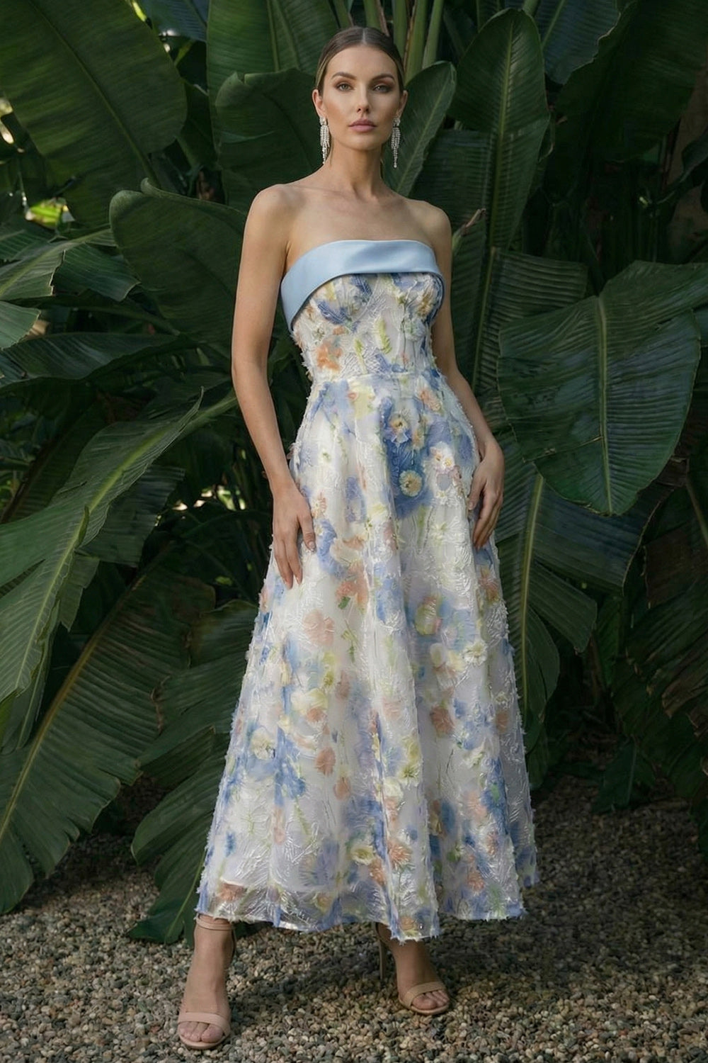 Light Blue Maxi Floral A Line Wedding Guest Dress with Bows