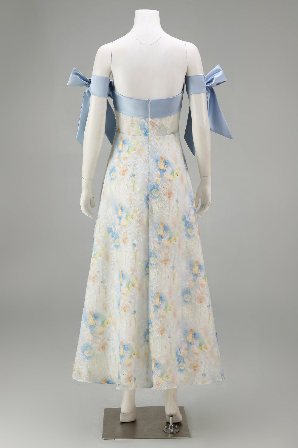 Light Blue Maxi Floral A Line Wedding Guest Dress with Bows