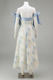 Light Blue Maxi Floral A Line Wedding Guest Dress with Bows