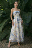 Light Blue Maxi Floral A Line Wedding Guest Dress with Bows