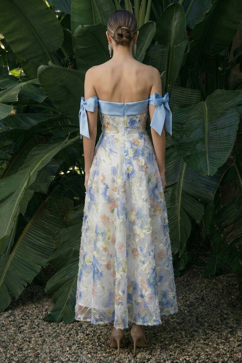 Light Blue Maxi Floral A Line Wedding Guest Dress with Bows