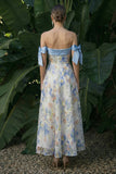 Light Blue Maxi Floral A Line Wedding Guest Dress with Bows