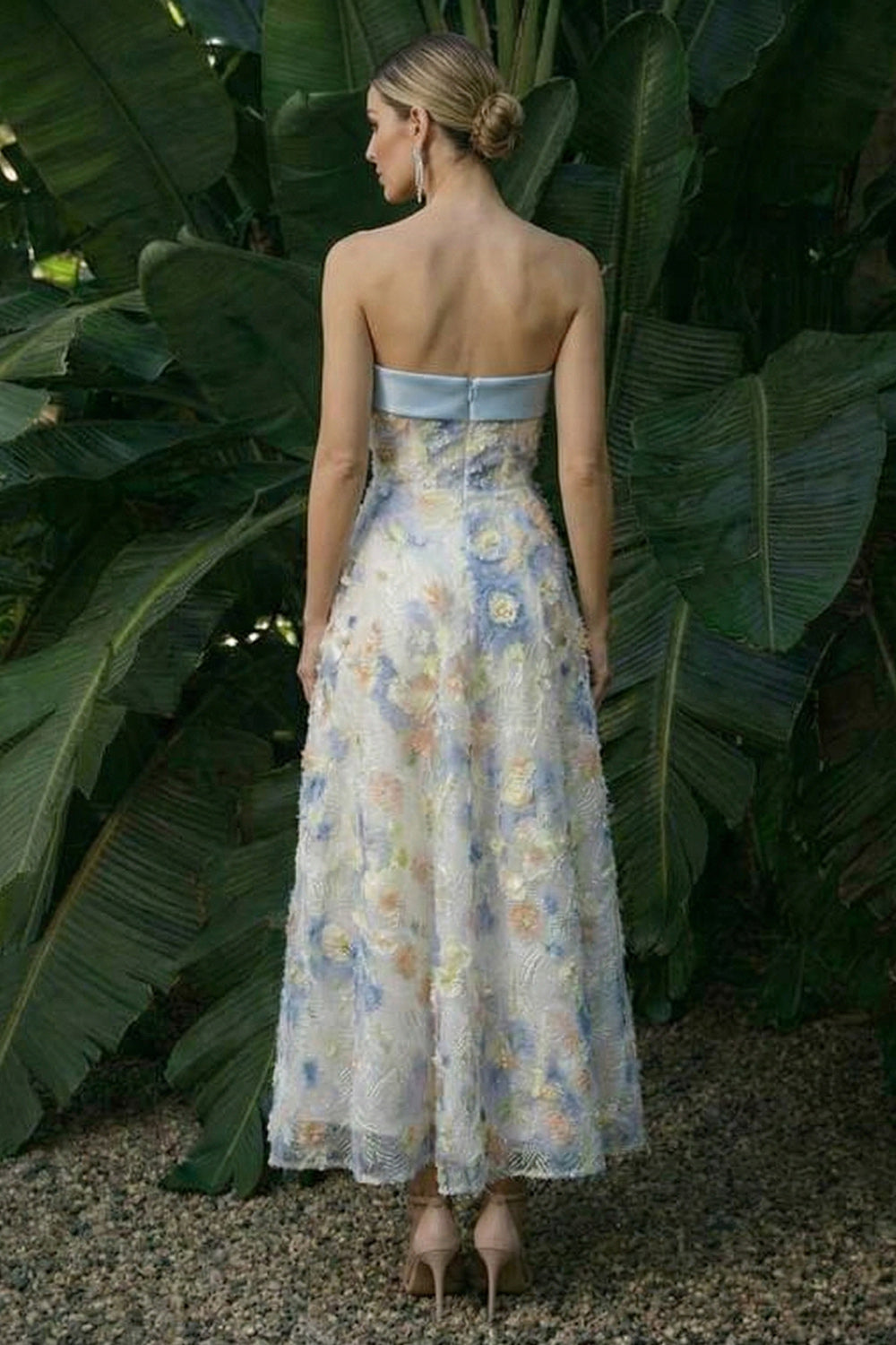 Light Blue Maxi Floral A Line Wedding Guest Dress with Bows