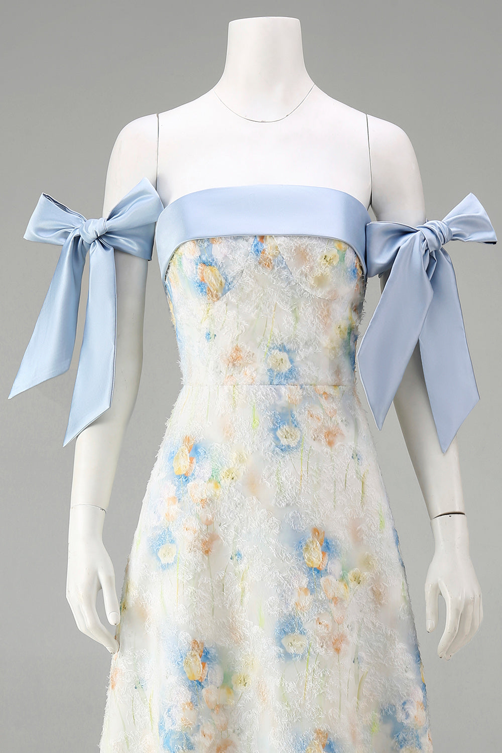 Light Blue Maxi Floral A Line Wedding Guest Dress with Bows