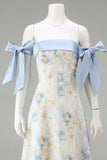 Light Blue Maxi Floral A Line Wedding Guest Dress with Bows