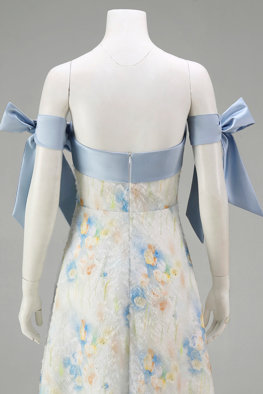 Light Blue Maxi Floral A Line Wedding Guest Dress with Bows