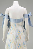 Light Blue Maxi Floral A Line Wedding Guest Dress with Bows