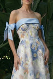 Light Blue Maxi Floral A Line Wedding Guest Dress with Bows