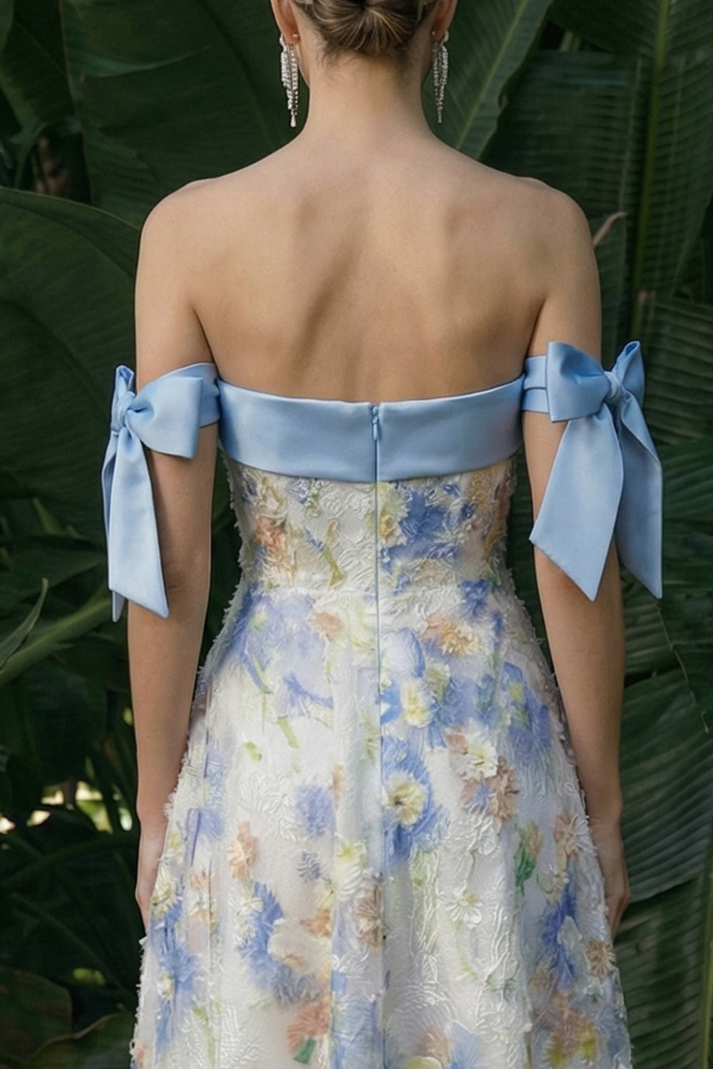 Light Blue Maxi Floral A Line Wedding Guest Dress with Bows