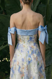 Light Blue Maxi Floral A Line Wedding Guest Dress with Bows