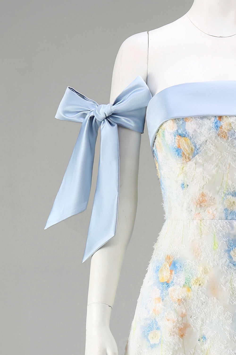 Light Blue Maxi Floral A Line Wedding Guest Dress with Bows