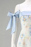 Light Blue Maxi Floral A Line Wedding Guest Dress with Bows