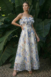 Light Blue Maxi A Line Ruffled Floral Wedding Guest Dress