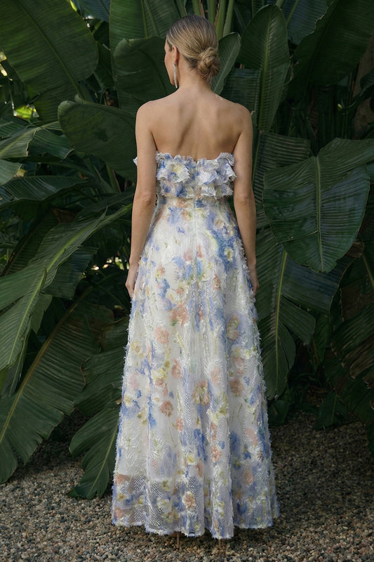 Light Blue Maxi A Line Ruffled Floral Wedding Guest Dress