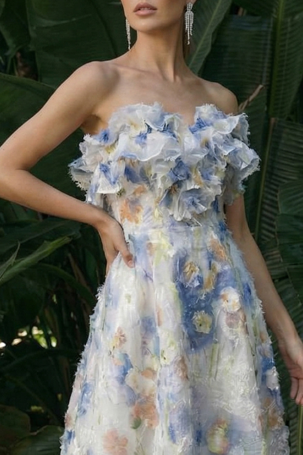 Light Blue Maxi A Line Ruffled Floral Wedding Guest Dress