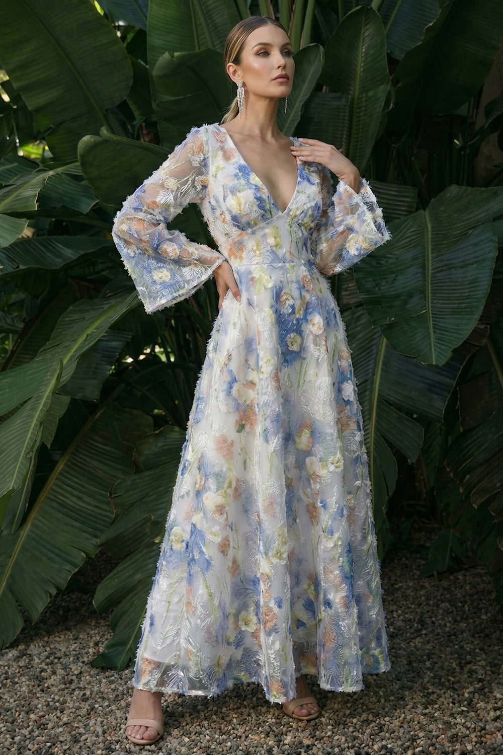 Light Blue A Line Maxi Floral V-Neck Wedding Guest Dress