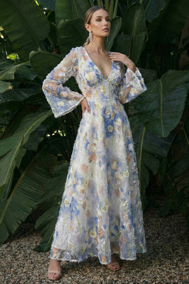 Light Blue A Line Maxi Floral V-Neck Wedding Guest Dress