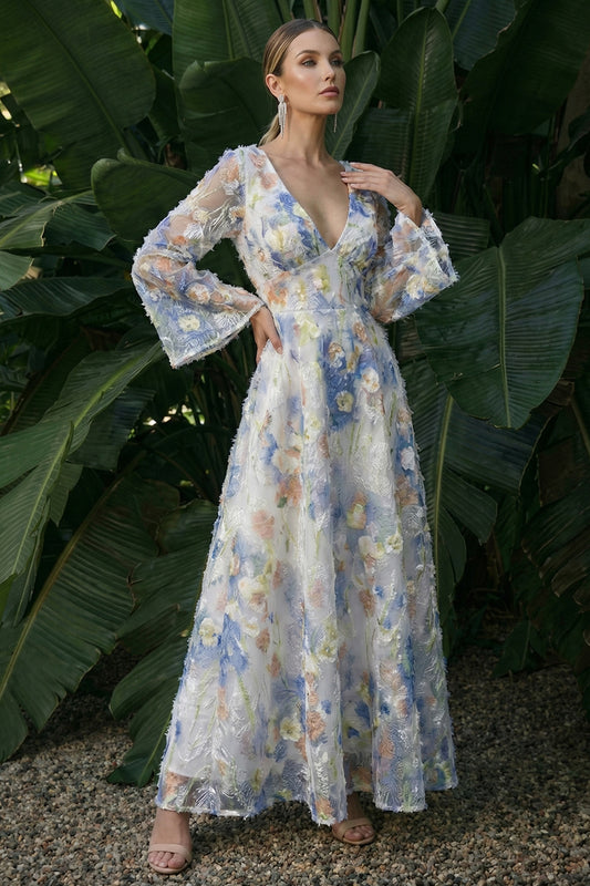 Light Blue A Line Maxi Floral V-Neck Wedding Guest Dress